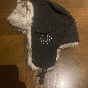 Black Trapper Hats with Faux Fur Trim